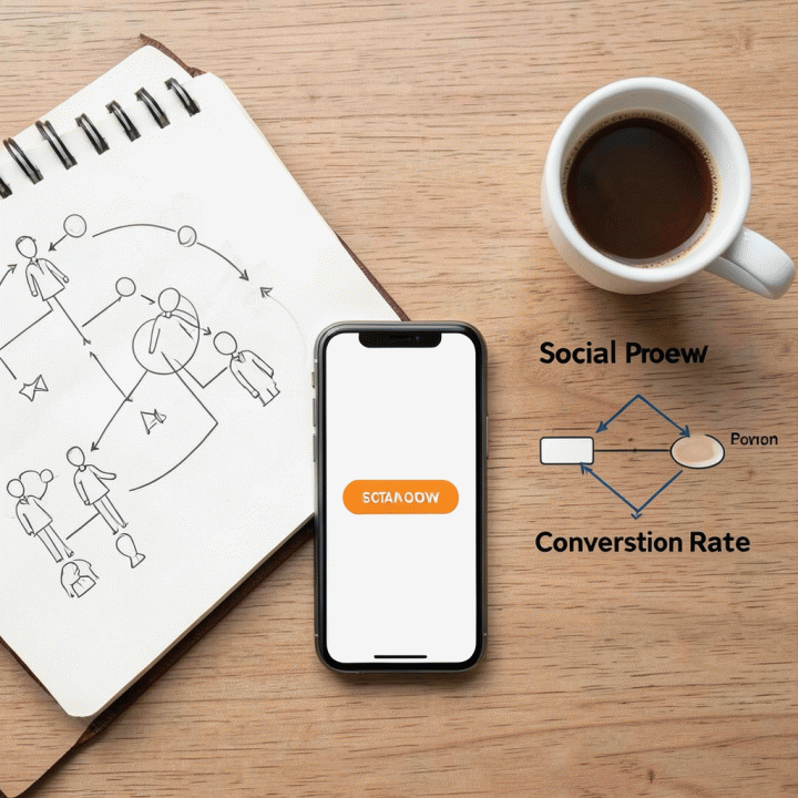 Tata letak datar yang berisi alat-alat marketing dan elemen strategi, seperti sketsa alur pengguna dan diagram bukti sosial, menunjukkan perencanaan konversi.