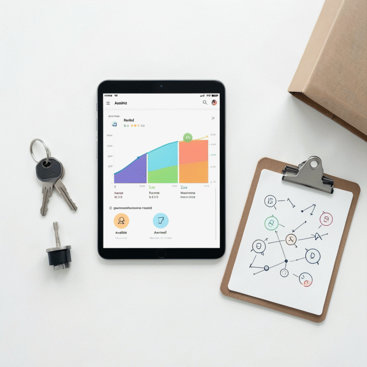 Tampilan meja kerja yang terorganisir menampilkan dashboard digital dan aset fisik, melambangkan manajemen operasional yang efisien.