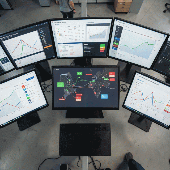 Tampilan dashboard digital yang kompleks dan modern menunjukkan pemetaan lokasi aset (multi-depot) serta status ketersediaan inventaris secara visual tanpa teks yang terbaca.