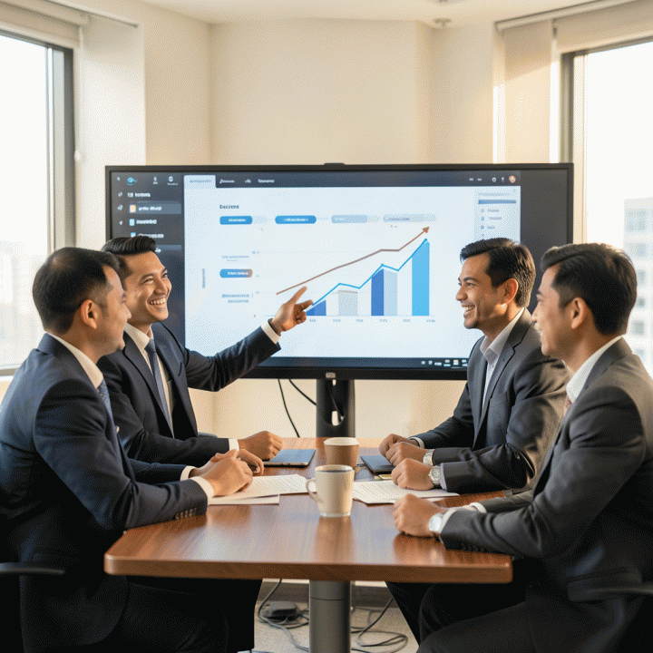 Tim manajer bisnis sedang berdiskusi dan melihat grafik kinerja peningkatan efisiensi operasional di layar sentuh besar dalam suasana kantor modern.