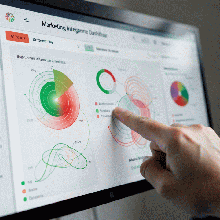 Tampilan dashboard analitik pemasaran yang modern dan abstrak, menunjukkan alokasi anggaran dan performa ROI yang terukur.