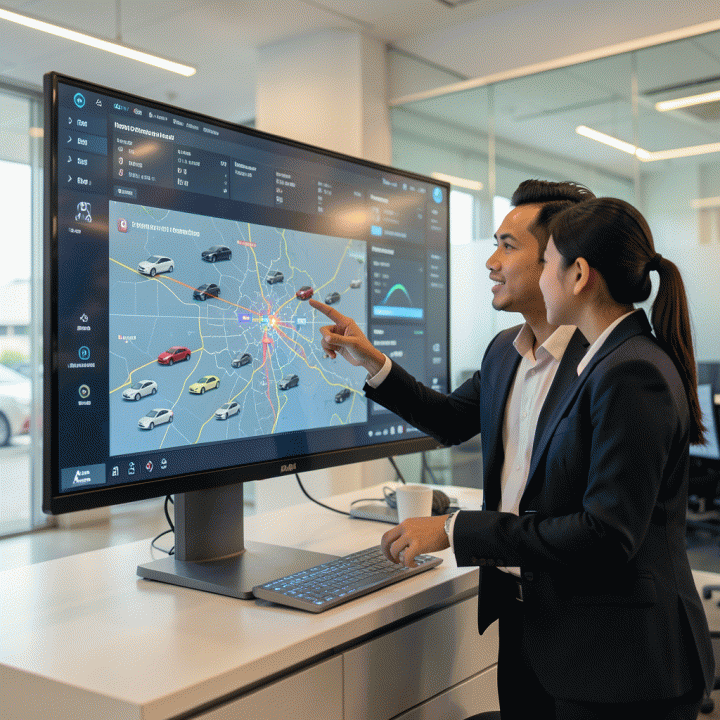 Pandangan sinematik dan realistis dari kantor manajemen depot rental modern, menampilkan dashboard digital real-time yang menunjukkan pelacakan inventaris aset secara efisien, dengan dua profesional yang sedang berkolaborasi.