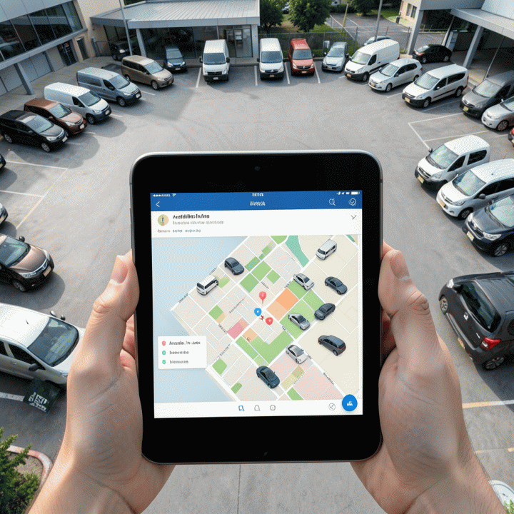Tampilan atas yang fotorealistik dari area depot rental modern, menunjukkan berbagai kendaraan yang diparkir rapi, dengan fokus pada tablet digital yang menampilkan peta overlay status inventaris real-time.
