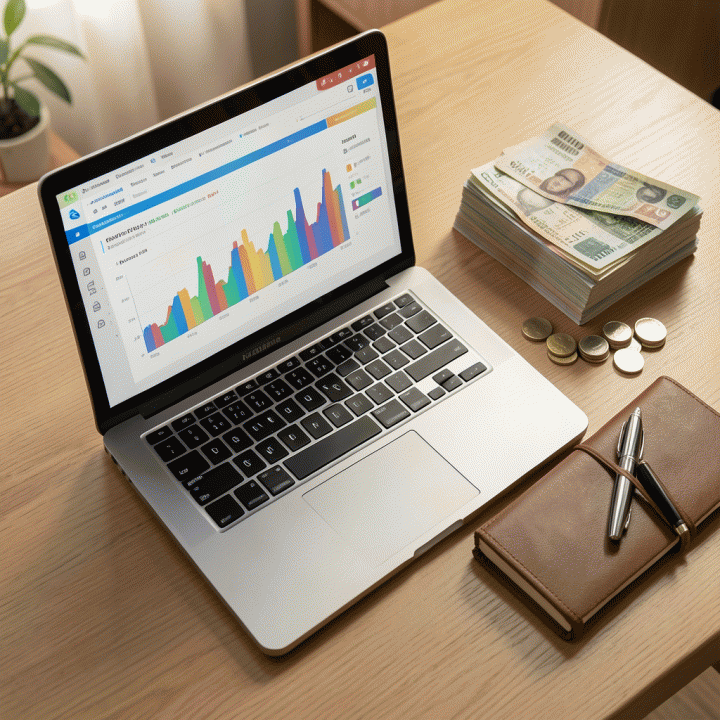 Meja kerja yang rapi dengan laptop menampilkan spreadsheet keuangan abstrak, di sampingnya terdapat tumpukan uang tunai dan buku catatan, melambangkan manajemen keuangan keluarga yang terorganisir.
