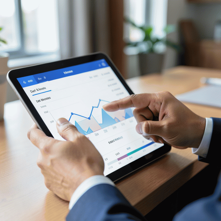 Tangan yang sedang menelusuri dashboard keuangan di tablet, menunjukkan pelacakan utang dan tagihan keluarga secara visual dan terstruktur.