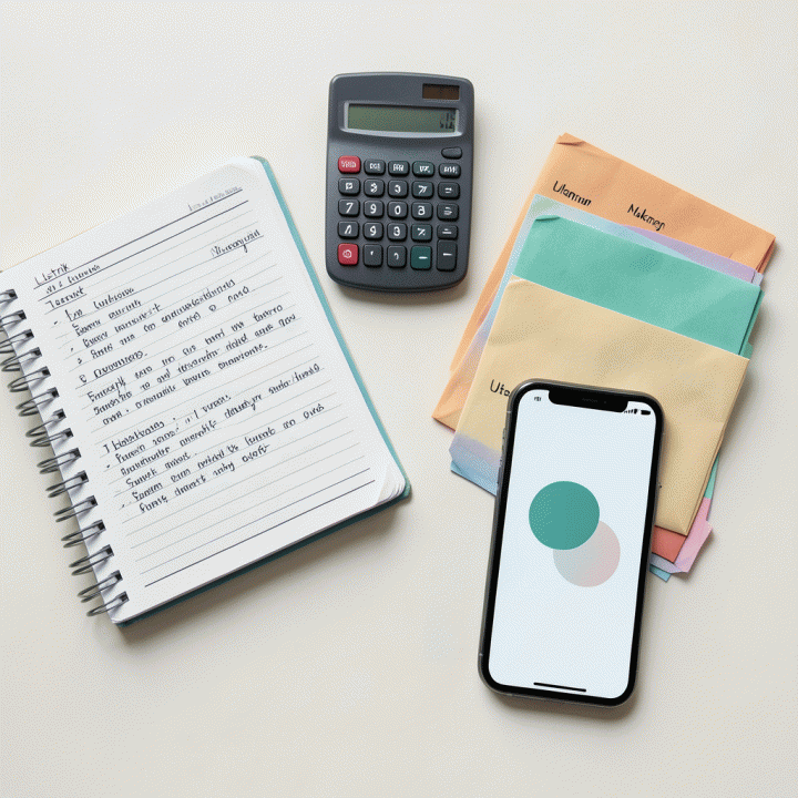 Tampilan datar (flat lay) berbagai alat perencanaan keuangan keluarga, termasuk buku catatan, amplop anggaran, dan smartphone yang menampilkan visualisasi anggaran.