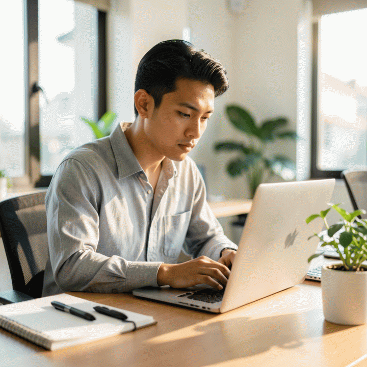 Seorang profesional muda Indonesia yang fokus dan tenang bekerja di co-working space modern yang terang, melambangkan optimalisasi produktivitas di era digital.
