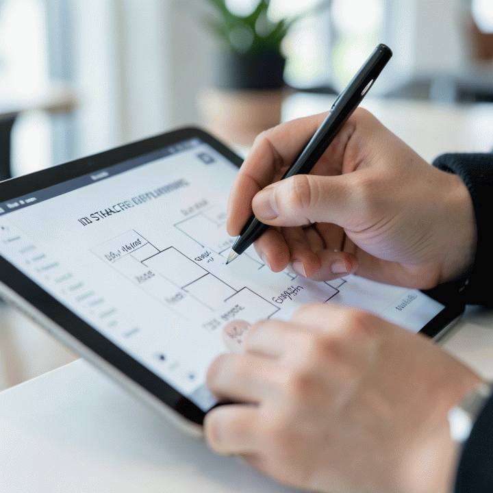 Gambar close-up tangan yang sedang mencatat atau menyusun diagram perencanaan strategis di perangkat digital, melambangkan manajemen waktu dan fokus.