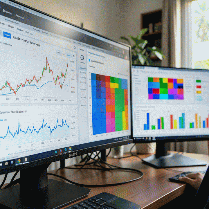 Tampilan dashboard analitik multi-monitor yang menampilkan data penjualan, tren, dan analisis kompetitor secara komprehensif.