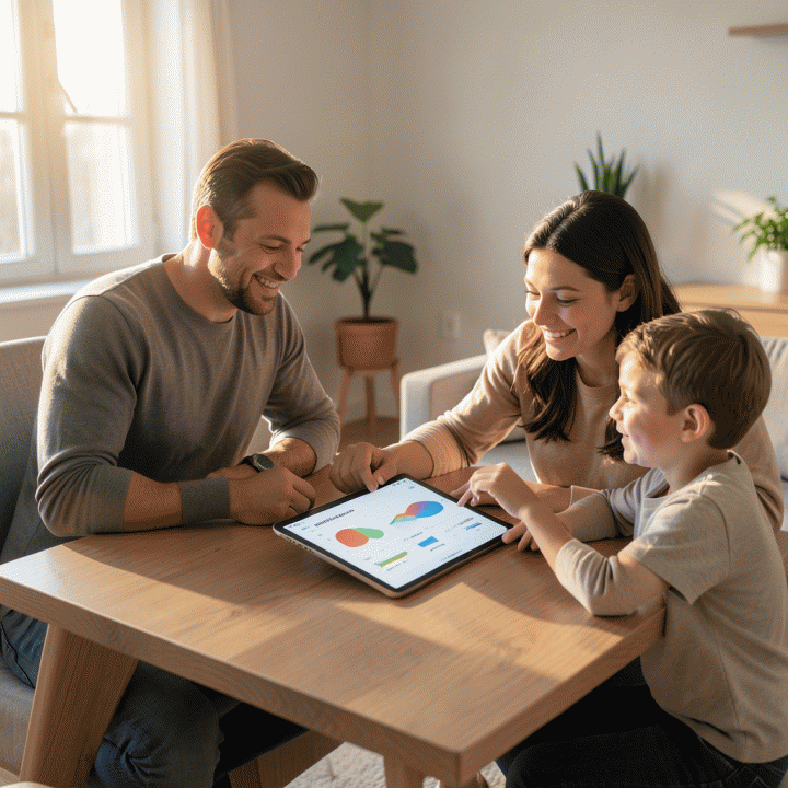 Keluarga modern yang berkumpul di ruang tamu yang cerah, fokus pada tablet yang menampilkan dashboard perencanaan keuangan yang abstrak dan positif, melambangkan pengelolaan anggaran keluarga yang teratur.