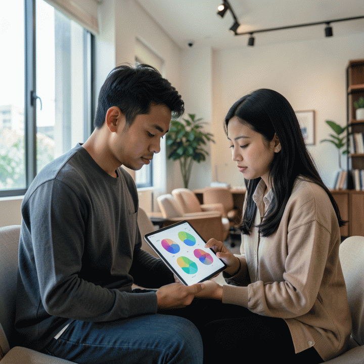 Profesional muda Indonesia yang sedang fokus mengerjakan asesmen kognitif di tablet, melambangkan pengukuran potensi diri dan kesiapan akademik.
