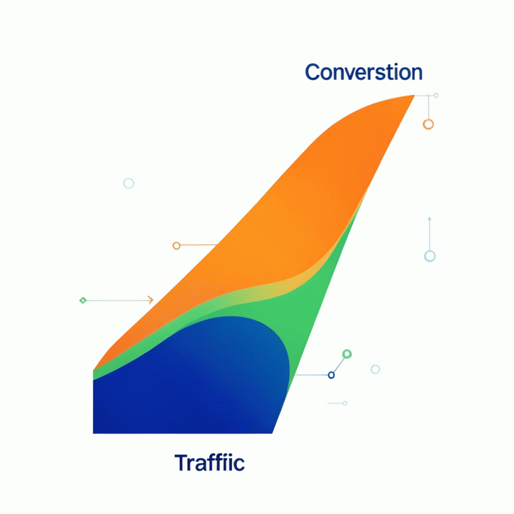 Visualisasi corong konversi (conversion funnel) yang menunjukkan peningkatan dari pengunjung menjadi pelanggan.