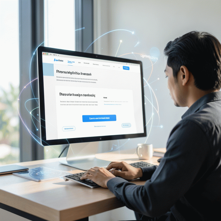 Seorang profesional di meja kerja modern sedang fokus pada layar komputer yang menampilkan desain landing page yang dioptimalkan untuk konversi, dengan penekanan pada copywriting persuasif dan tombol CTA yang menonjol.