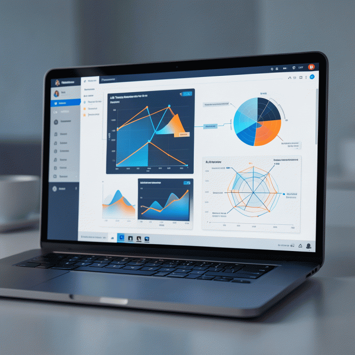 Dashboard digital marketing yang menampilkan perbandingan performa dan hasil A/B testing yang terstruktur, menunjukkan proses optimasi iklan.
