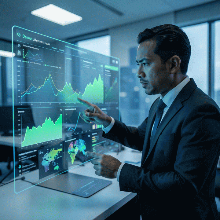 Seorang performance marketer profesional sedang menganalisis data pasar yang kompleks pada layar holografik di kantor modern, menunjukkan penemuan celah kompetitor untuk copywriting iklan yang optimal.