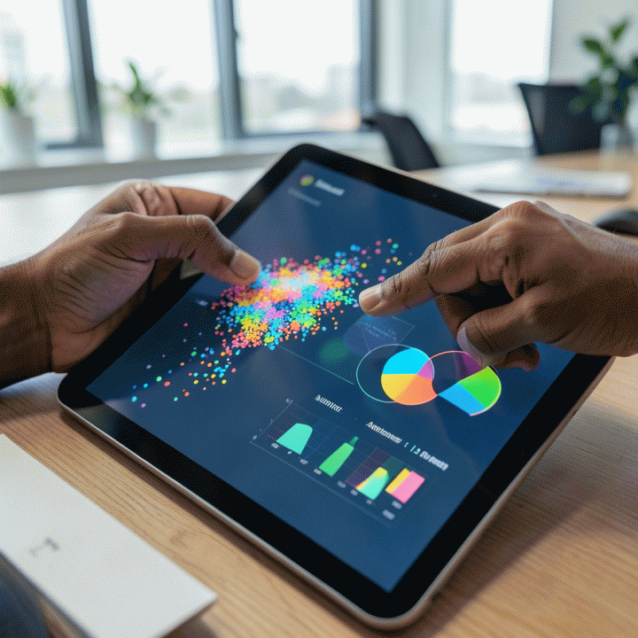 Tangan seorang profesional yang menyaring data pasar yang kompleks pada layar sentuh, menemukan insight kunci.