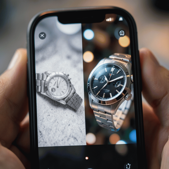 Tampilan close-up layar smartphone yang membandingkan foto produk resolusi rendah dan foto yang telah ditingkatkan resolusinya (upscale) secara signifikan.
