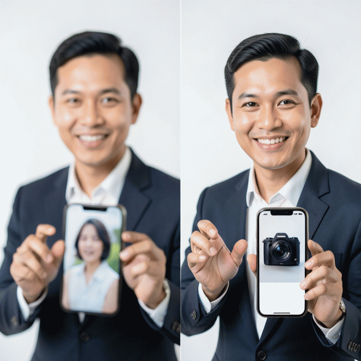 Seorang pemilik UMKM Indonesia memegang smartphone, menunjukkan perbandingan foto produk gadget: dari kualitas buram menjadi foto resolusi tinggi dan profesional untuk e-commerce.