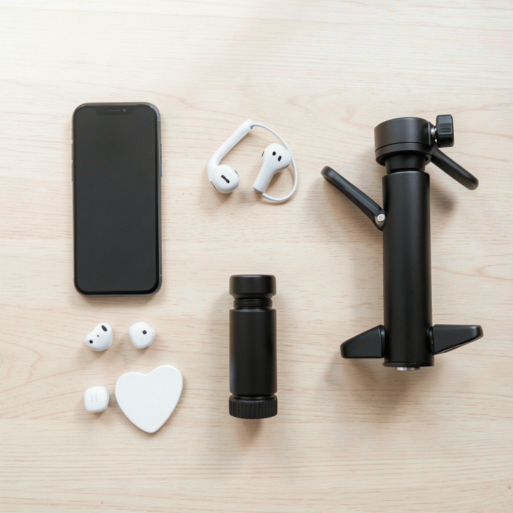 Tata letak datar (flat lay) berbagai properti fotografi produk e-commerce di atas permukaan kayu minimalis, menunjukkan persiapan pemotretan profesional.