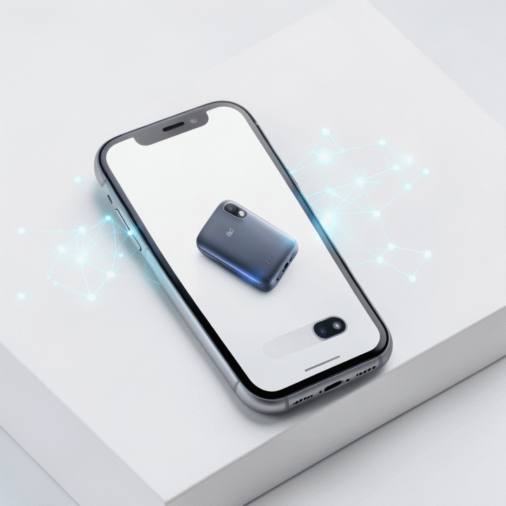 Foto produk e-commerce berkualitas studio yang dihasilkan dari jepretan HP, diperkuat dengan visualisasi teknologi AI di latar belakang.