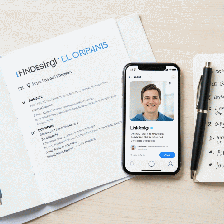 Tampilan atas (flat lay) dari CV dan smartphone yang menampilkan foto profil profesional, menunjukkan persiapan pencari kerja.