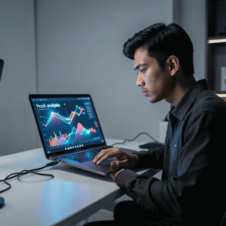 Seorang kreator konten muda Indonesia sedang menganalisis data di laptop, melambangkan optimalisasi hook video menggunakan AI.