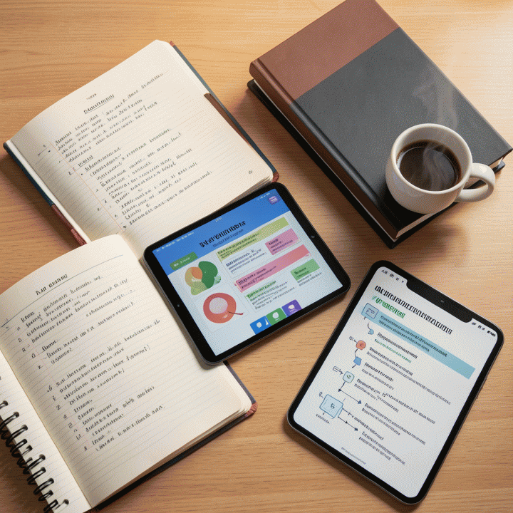 Komposisi flat lay yang menunjukkan perpaduan antara alat tulis fisik dan materi ajar digital yang dihasilkan AI, menyoroti kesiapan dan kelengkapan materi ajar.