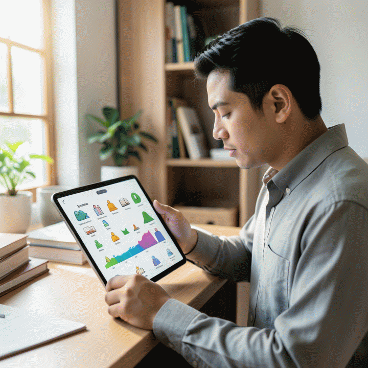 Seorang profesional muda Muslim Indonesia sedang menggunakan aplikasi pelacak kebiasaan ibadah digital di tablet, menunjukkan visualisasi progres streak keagamaan yang terorganisir dan menenangkan.