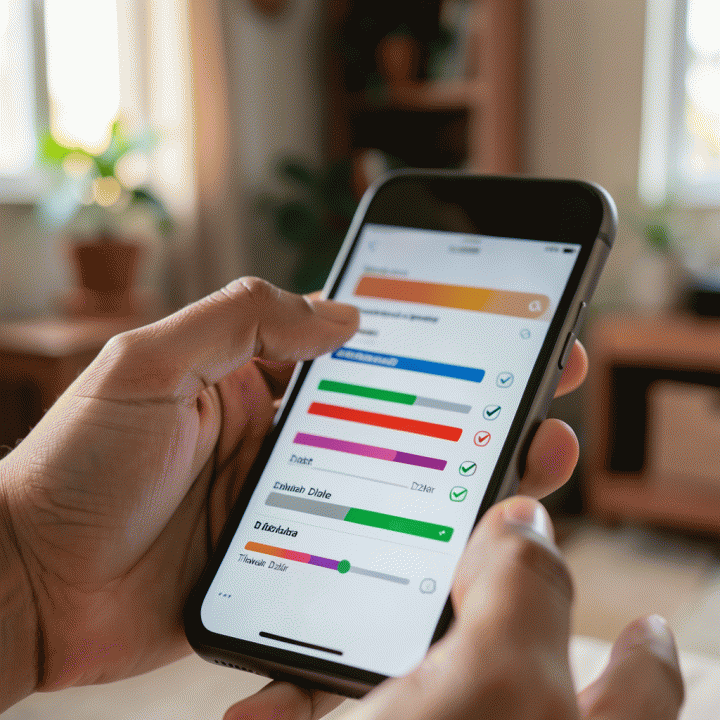 Tangan yang sedang mencatat atau memeriksa progres ibadah harian pada antarmuka pelacak kebiasaan digital yang bersih dan penuh warna.