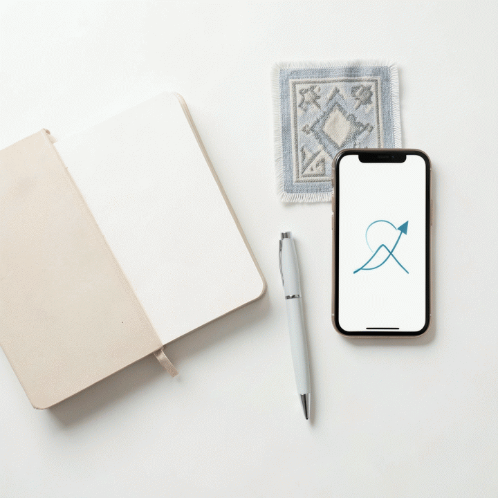 Foto flat lay yang menampilkan buku catatan, pena, sajadah, dan smartphone yang melambangkan perencanaan dan pelacakan ibadah secara fisik dan digital.