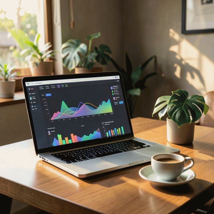 Tampilan sinematik meja kerja modern dengan laptop yang menampilkan dashboard data analitik abstrak, dihiasi kopi dan tanaman pot, melambangkan optimalisasi bisnis e-commerce.