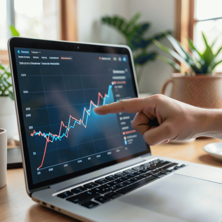 Arahkan jari ke grafik data di laptop, menyoroti titik optimalisasi penjualan dengan sinematik.