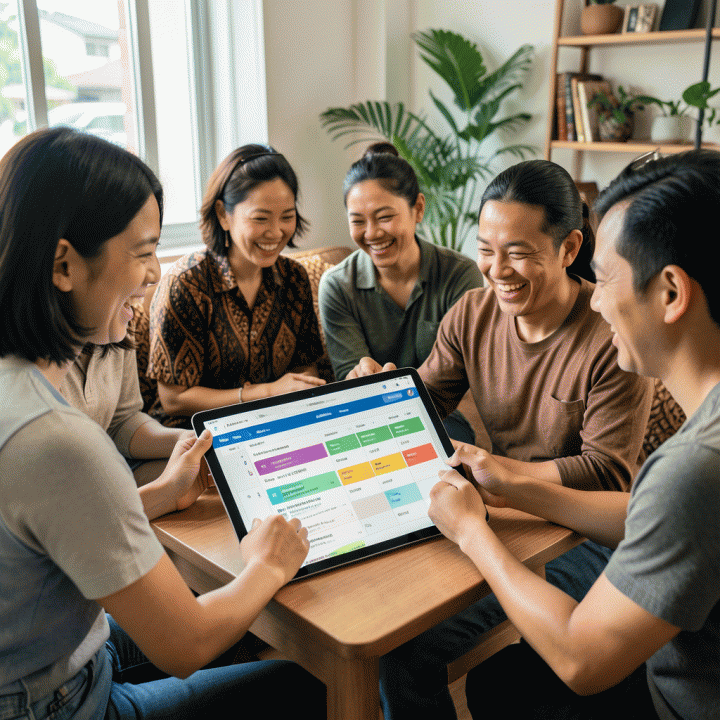 Kelompok orang muda Indonesia yang gembira berkolaborasi di tablet digital, melihat rencana perjalanan grup yang terorganisir dan pelacakan anggaran yang jelas, menunjukkan perencanaan perjalanan yang bebas stres.