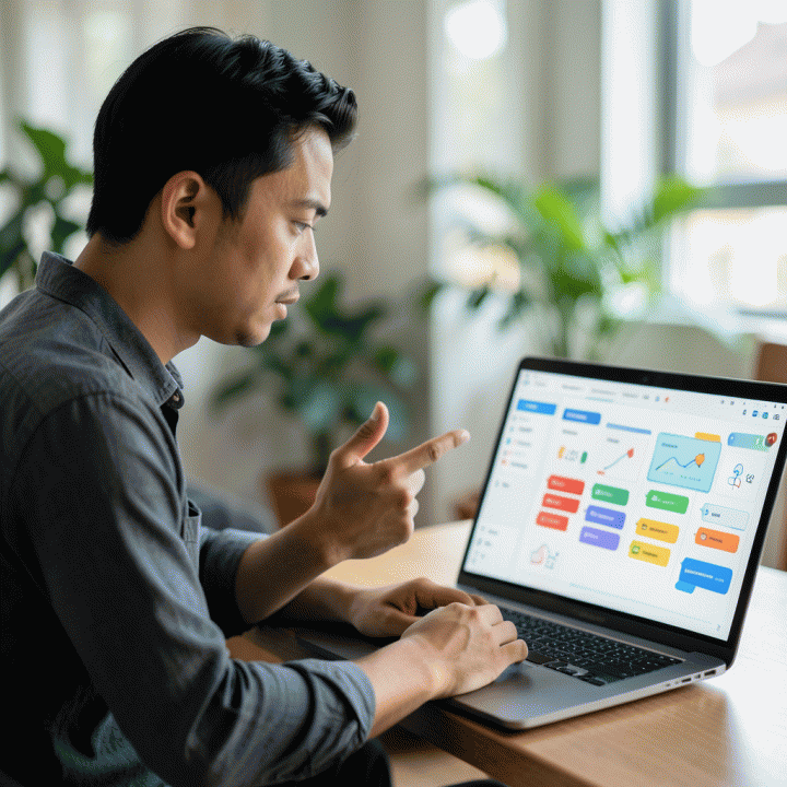 Seorang profesional sedang fokus menggunakan laptop yang menampilkan antarmuka manajemen tugas yang abstrak dan berwarna, menunjukkan pengorganisasian kerja digital yang efektif.