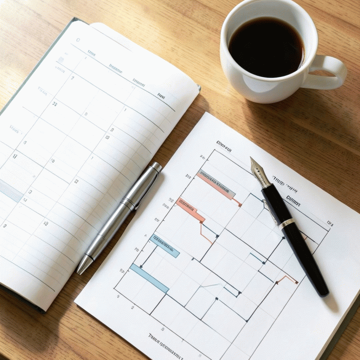 Tampilan dekat (flat lay) dari sistem perencanaan yang terorganisir, termasuk planner mingguan, pena, dan alat pelacak waktu, menunjukkan metode manajemen waktu yang terstruktur.