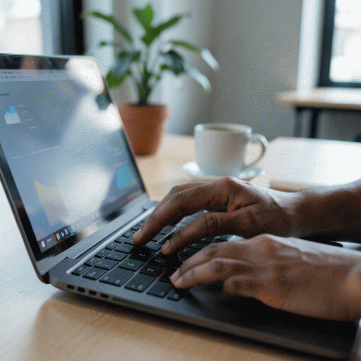 Tangan yang sedang mengetik di laptop modern di ruang kerja yang terorganisir, menunjukkan proses kreasi ide dan konten.