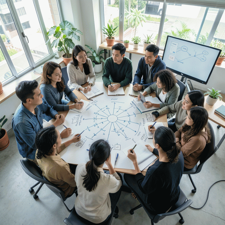 Sesi brainstorming di ruang kerja bersama, menunjukkan kolaborasi tim dalam menyusun strategi konten terstruktur menggunakan konsep peta pikiran (mind map) dan AI.