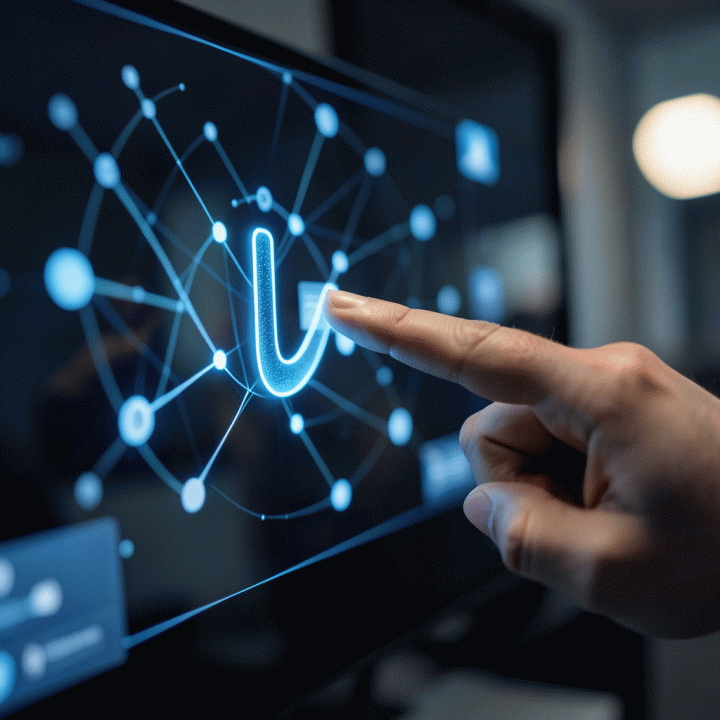 Visualisasi analisis &lsquo;hook&rsquo; yang menarik pada antarmuka AI, menunjukkan titik-titik data yang terhubung secara strategis.