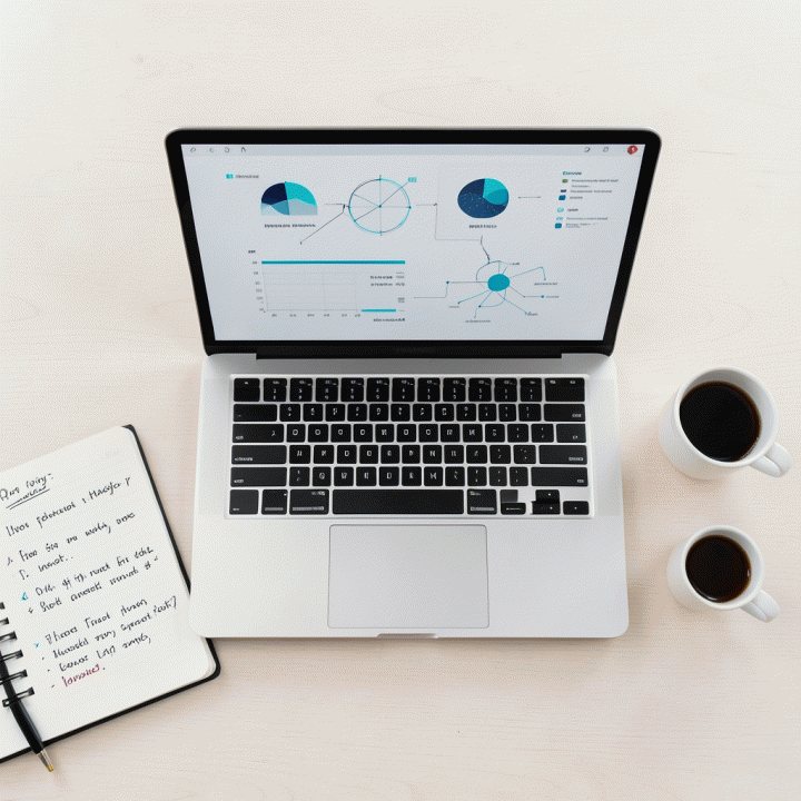 Pemandangan meja kerja yang rapi dengan laptop dan alat tulis, menunjukkan proses remixing konten dan strategi kreatif menggunakan AI.