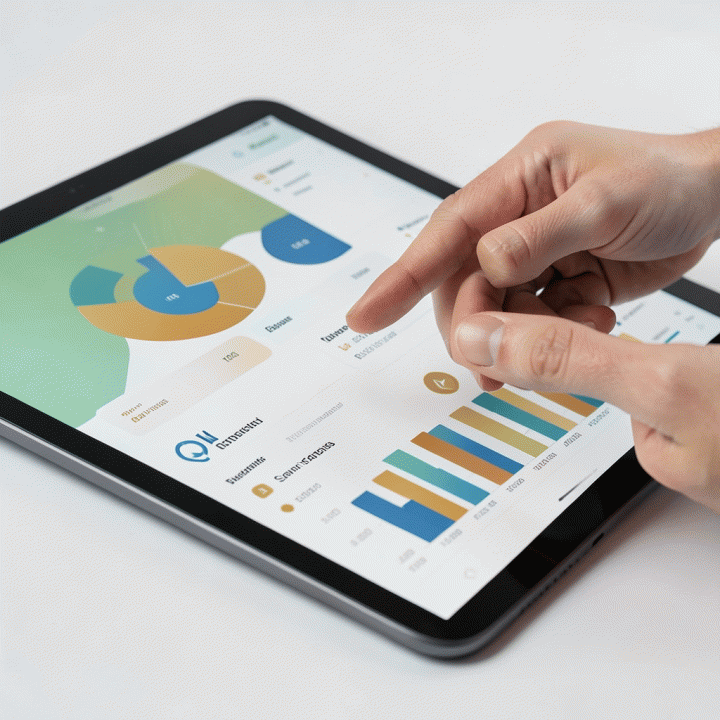 Tangan yang sedang memeriksa dan mengoptimalkan visualisasi dashboard keuangan di tablet, menunjukkan alokasi anggaran dan pertumbuhan tabungan.