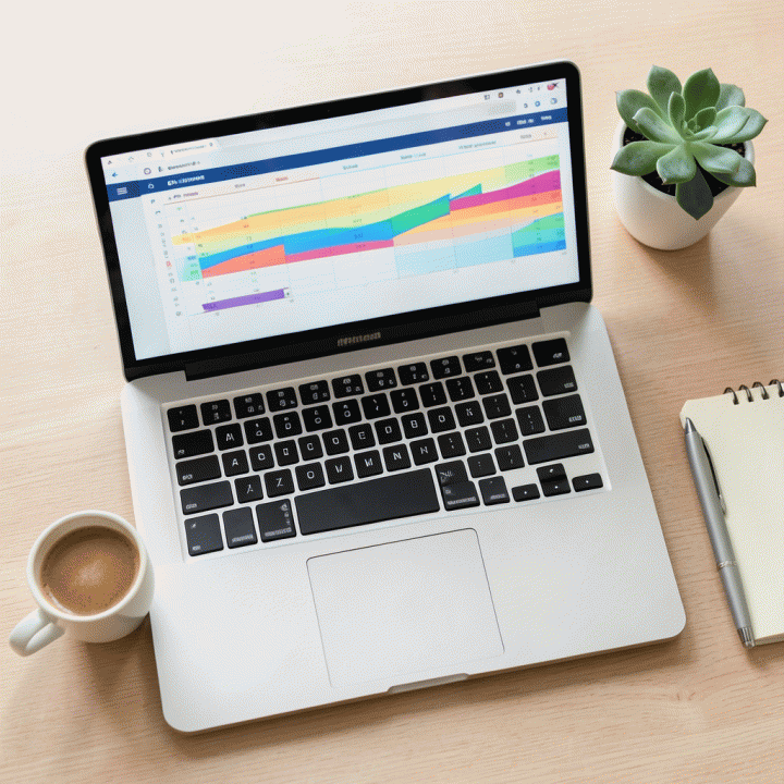 Tampilan atas meja kerja yang rapi dengan laptop menampilkan spreadsheet keuangan yang terstruktur, dikelilingi oleh alat tulis dan kopi, menekankan perencanaan anggaran.