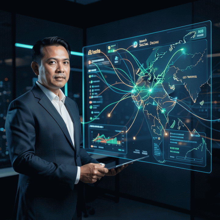 Seorang manajer pemasaran profesional berdiri di depan dashboard holografik yang menampilkan visualisasi data alokasi anggaran iklan yang kompleks dan peta geografi Indonesia yang ditargetkan, melambangkan optimalisasi pemasaran di masa depan.