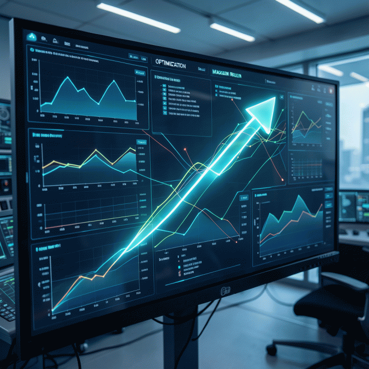 Visualisasi dashboard data yang kompleks dan futuristik, menunjukkan optimasi dan pertumbuhan ROI maksimal melalui konvergensi berbagai sumber data digital.