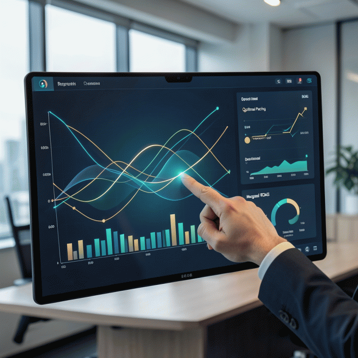 Visualisasi dashboard digital marketing yang kompleks dan profesional, menunjukkan grafik alokasi anggaran iklan dan metrik performa yang dioptimalkan, tanpa teks yang dapat dibaca.