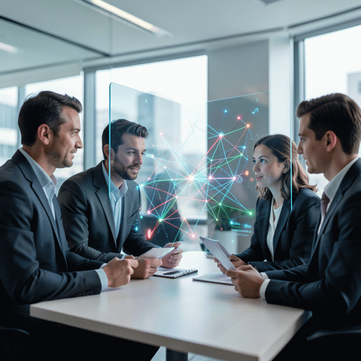 Tim profesional marketer berdiskusi di depan layar digital besar yang menampilkan visualisasi rumit mengenai optimalisasi bauran media iklan.