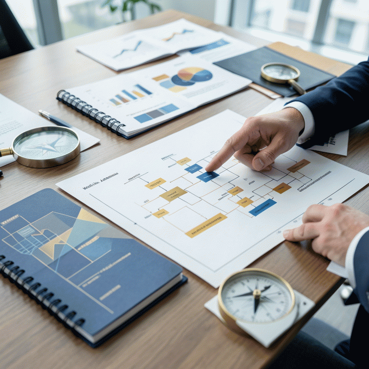 Visualisasi strategis di atas meja rapat yang menunjukkan perencanaan alokasi anggaran iklan media mix yang kompleks dan terstruktur, melambangkan optimasi pemasaran.