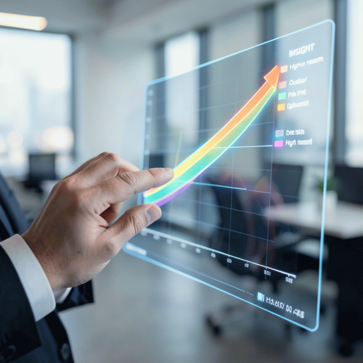 Tangan profesional berinteraksi dengan visualisasi data holografik yang menunjukkan grafik peningkatan ROI yang optimal, melambangkan analisis dan penyesuaian anggaran.