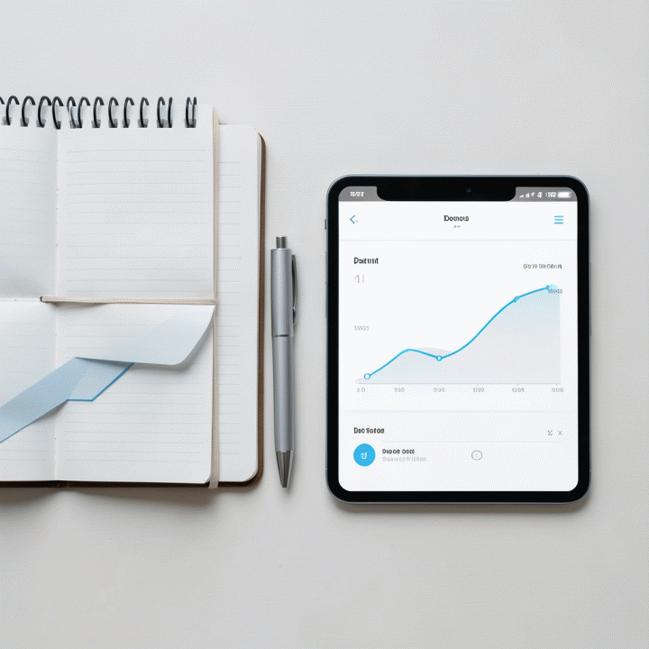Tampilan datar (flat lay) peralatan manajemen keuangan, termasuk tablet dengan dashboard pelacakan utang yang rapi, menunjukkan kontrol finansial.