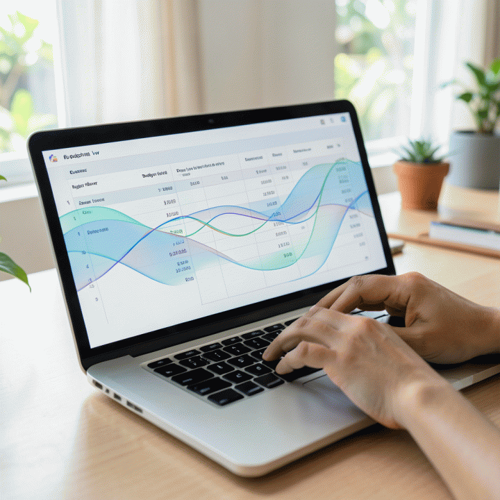Tangan yang berinteraksi dengan spreadsheet digital, menyoroti visualisasi &lsquo;rollover&rsquo; anggaran yang mulus dan terstruktur.