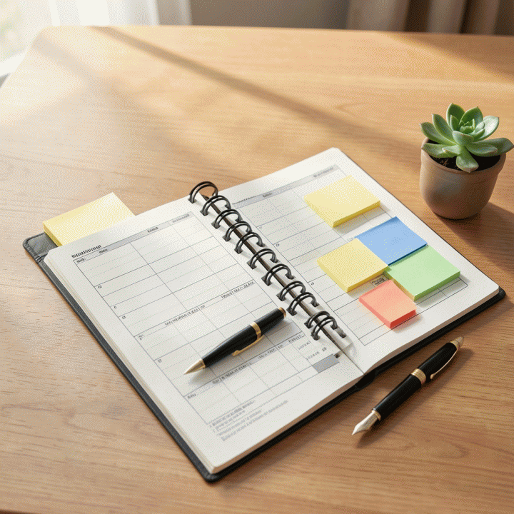 Alat-alat perencanaan keuangan fisik yang rapi dan terorganisir, seperti buku anggaran, sticky notes, dan pulpen, di atas meja kayu.